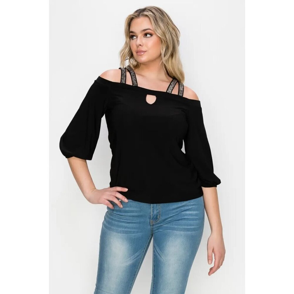 Embellishment Double Straps Keyhole Cold Shoulder Blouse
